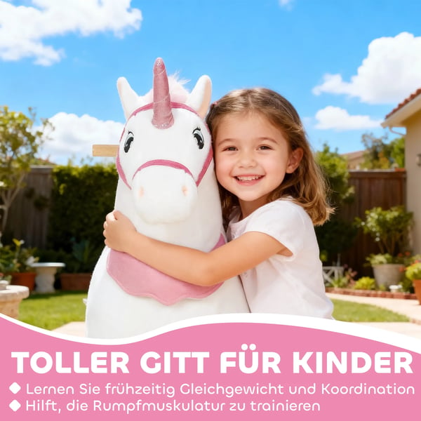 Ridehest til børn, enhjørningedesign, stofbetræk, stabilt stel, bløde hjul, gyngehest, 3-5 år, hvid