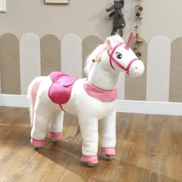 Ridehest til børn, enhjørningedesign, stofbetræk, stabilt stel, bløde hjul, gyngehest, 3-5 år, hvid