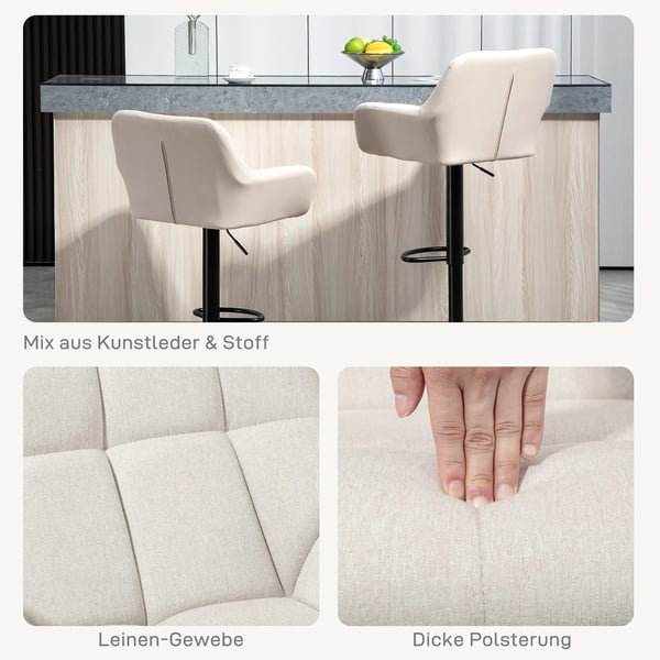 HOMCOM Barstole Sæt 2 stk. Justerbar Højde Kunstlæder Linnedlook Creme + Sort Retro Design