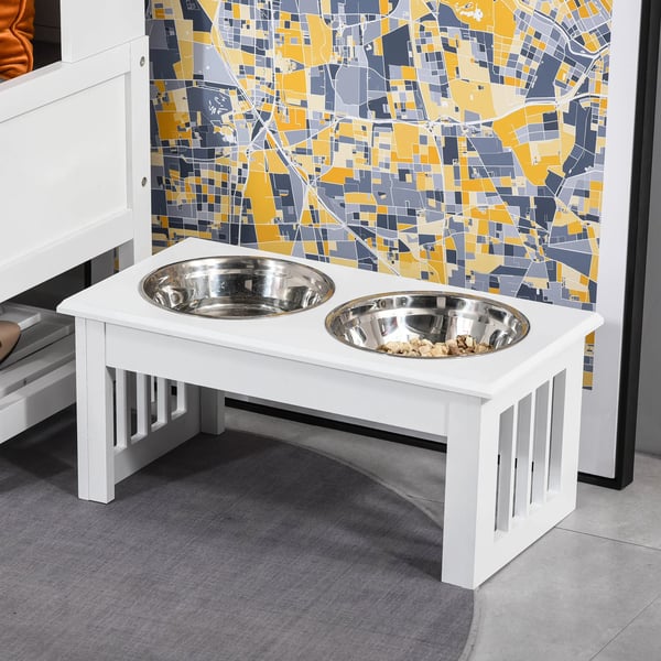 Hundefoderstation Hvid 44x24x15cm, 2 x 0,9L Skåle Rustfrit Stål, MDF