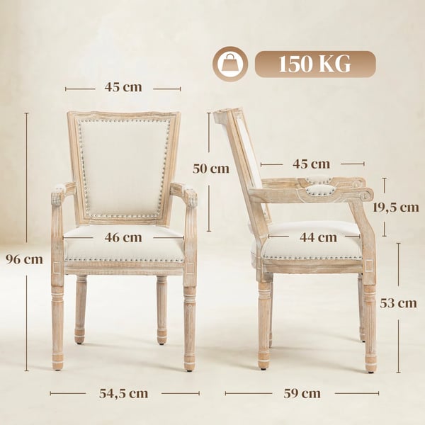 HOMCOM-ruokatuoli, keittiötuoli käsinojilla ja pellavamaisella pinnalla, vintage-tyylinen pehmustettu tuoli, jopa 150 kg, 59x63,5x96 cm