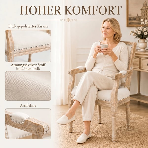 HOMCOM-ruokatuoli, keittiötuoli käsinojilla ja pellavamaisella pinnalla, vintage-tyylinen pehmustettu tuoli, jopa 150 kg, 59x63,5x96 cm
