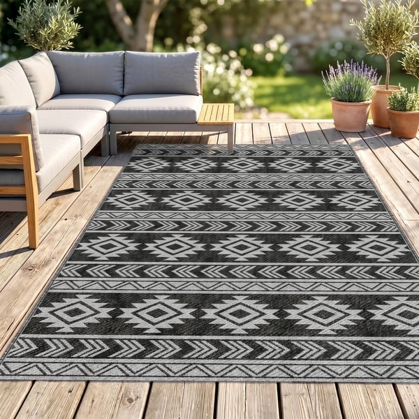 utomhusmatta, vattentät plastmatta, balkongmatta med dubbelsidig design, för terrass, svart+grå, 182 x 274 cm