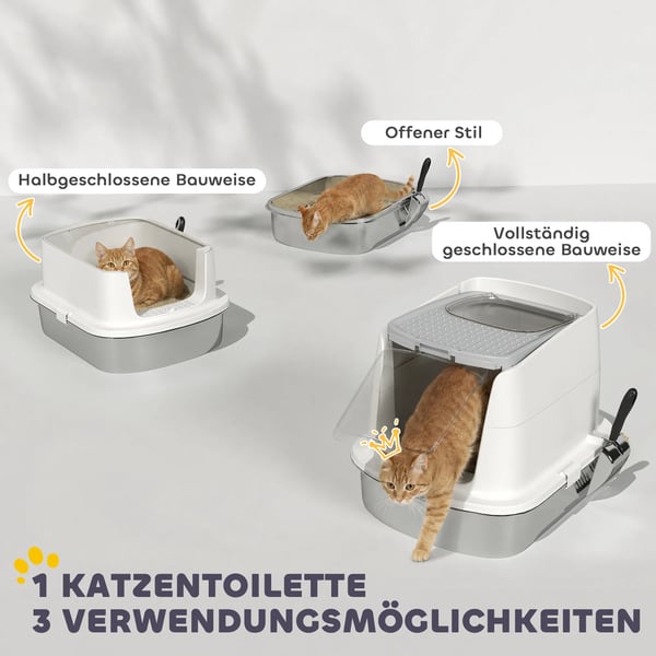 PawHut kattlåda i rostfritt stål, sluten kattlåda med spade, luktpåse, ingång och utgång