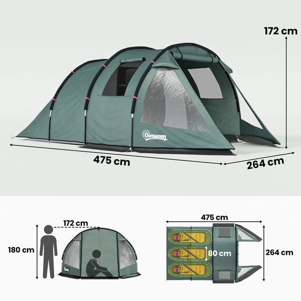 tunneltält för 4 personer, campingtält, med UV-skydd, fönster, familjetält med bärväska, 2000 mm vattenpelare, för vandring, grönt