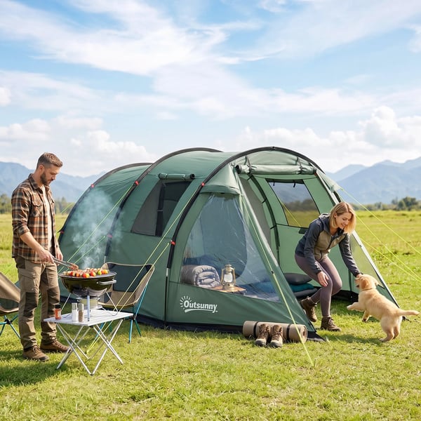 tunneltält för 4 personer, campingtält, med UV-skydd, fönster, familjetält med bärväska, 2000 mm vattenpelare, för vandring, grönt