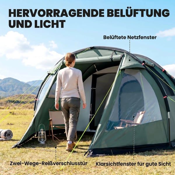 tunneltält för 4 personer, campingtält, med UV-skydd, fönster, familjetält med bärväska, 2000 mm vattenpelare, för vandring, grönt