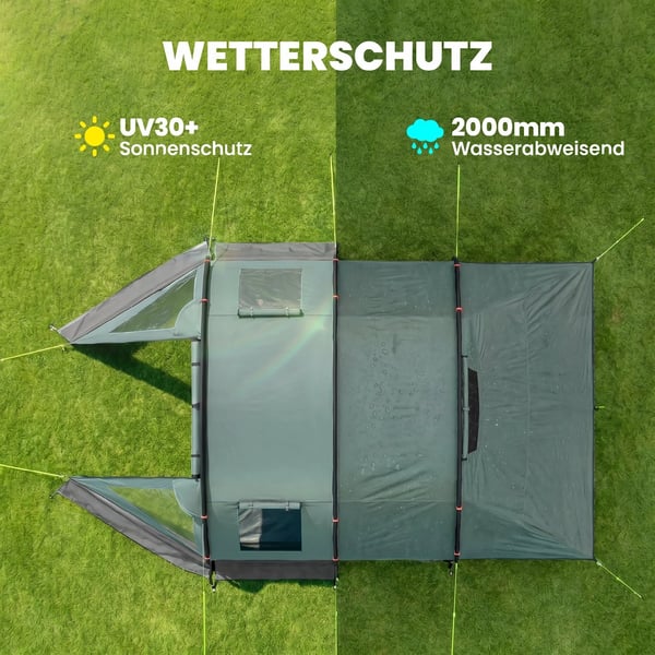 tunneltält för 4 personer, campingtält, med UV-skydd, fönster, familjetält med bärväska, 2000 mm vattenpelare, för vandring, grönt