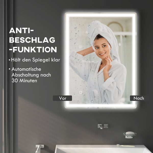 HOMCOM Dimbart LED Badrumsspegel 80x60cm Sval Silver Glas Imfri Minn Funktion