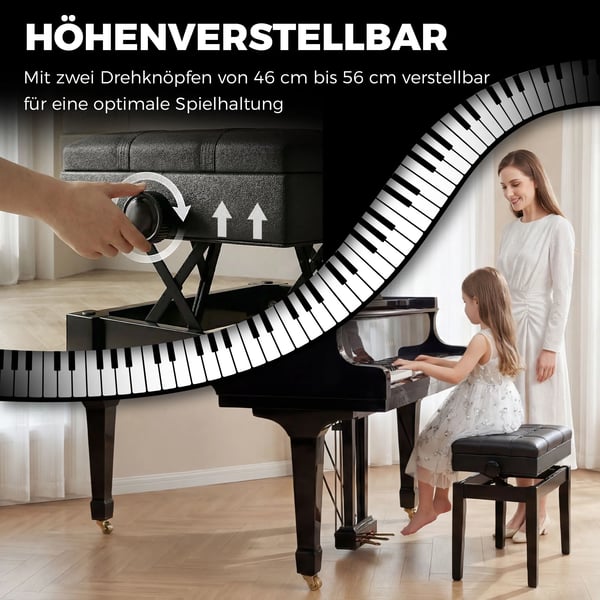 HOMCOM Pianobänk, höjdjusterbar pianopall med förvaring, läderkudde, svart, 63x35x46-56 cm