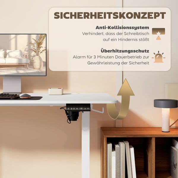 Höj- och sänkbart skrivbord 140x70cm elektriskt datorbord 4 minneslägen ergonomiskt sitt-stå-skrivbord krok antikollision vitt