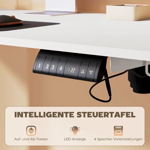 Höj- och sänkbart skrivbord 140x70cm elektriskt datorbord 4 minneslägen ergonomiskt sitt-stå-skrivbord krok antikollision vitt