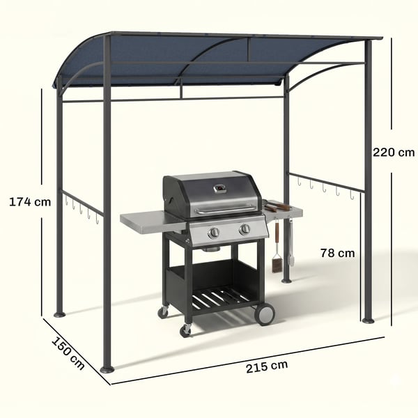 grillpaviljong, grilltak, regnskydd, UV-beständig, vattentät, med krokar, stålram, polyester, grå, 215 x 150 x 174/220 cm
