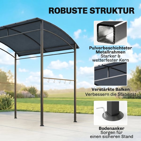 grillpaviljong, grilltak, regnskydd, UV-beständig, vattentät, med krokar, stålram, polyester, grå, 215 x 150 x 174/220 cm