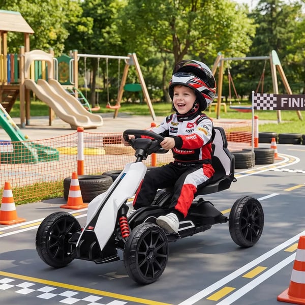 Elbil Gokart för barn, 12V, 3-5 km/h, Drifting Kart med säkerhetsbälte och ratt, 2 justerbara lägen, Vit