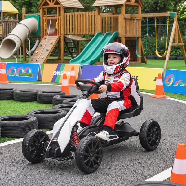 Elbil Gokart för barn, 12V, 3-5 km/h, Drifting Kart med säkerhetsbälte och ratt, 2 justerbara lägen, Vit