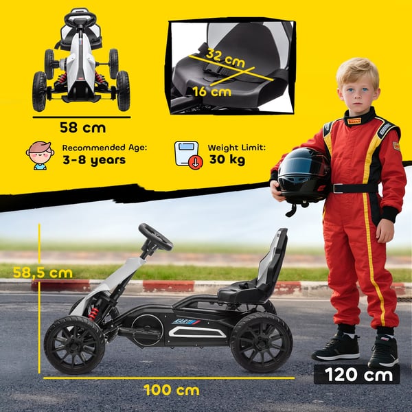 Elbil Gokart för barn, 12V, 3-5 km/h, Drifting Kart med säkerhetsbälte och ratt, 2 justerbara lägen, Vit