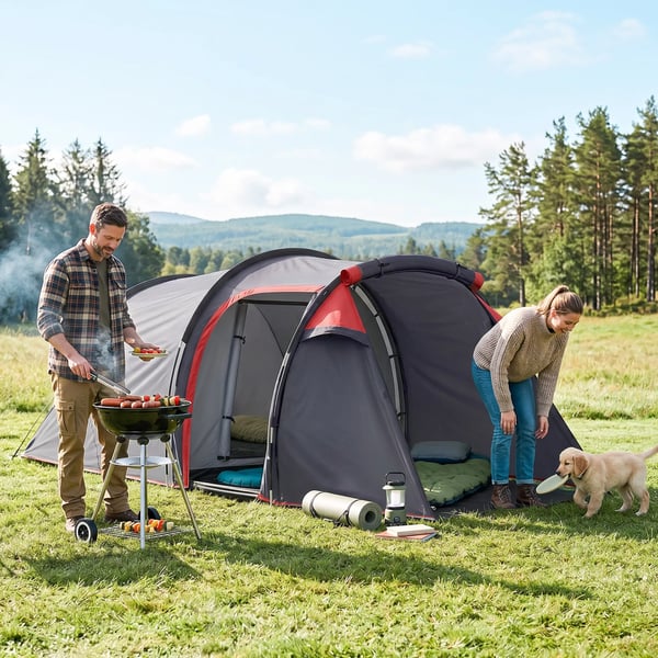 tält för 2-3 personer 190T tunneltält campingtält med tältpinnar glasfiber polyester grått 426 x 206 x 154 cm