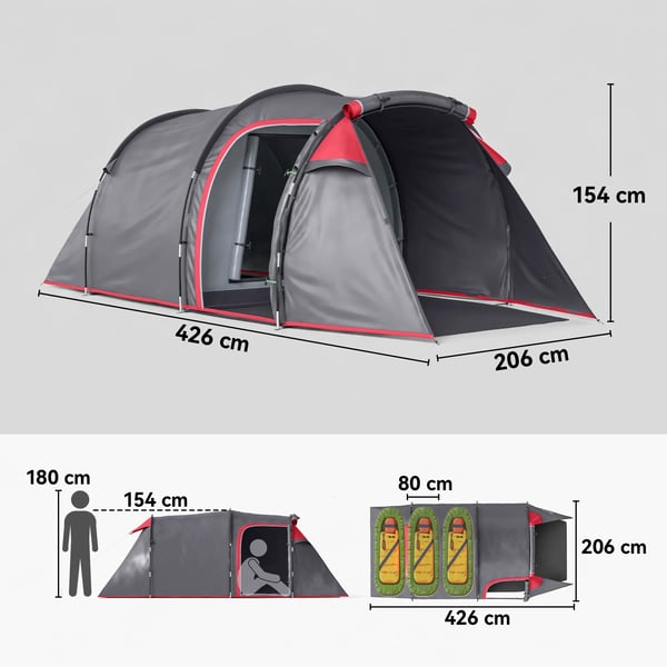 tält för 2-3 personer 190T tunneltält campingtält med tältpinnar glasfiber polyester grått 426 x 206 x 154 cm