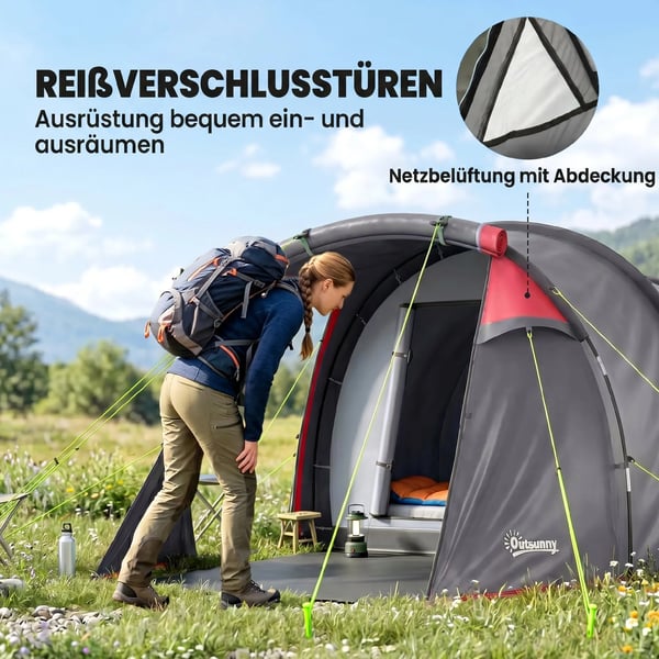 tält för 2-3 personer 190T tunneltält campingtält med tältpinnar glasfiber polyester grått 426 x 206 x 154 cm