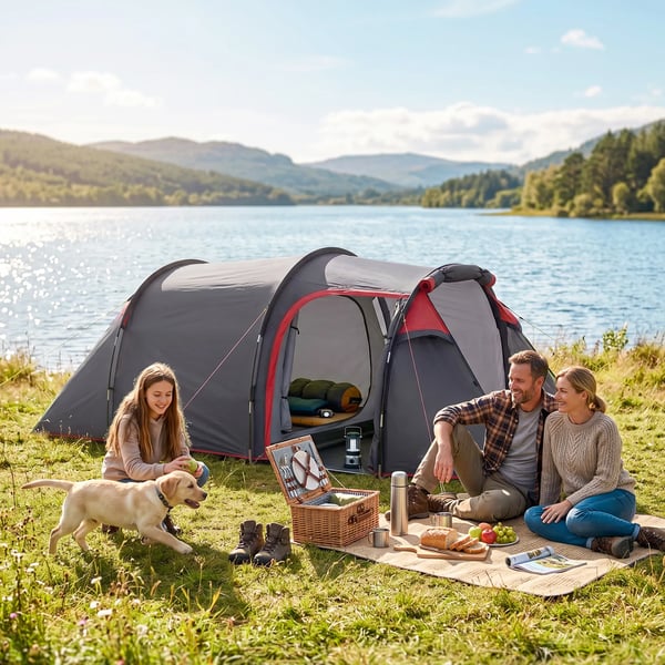 tält för 2-3 personer 190T tunneltält campingtält med tältpinnar glasfiber polyester grått 426 x 206 x 154 cm