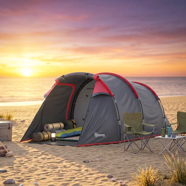 tält för 2-3 personer 190T tunneltält campingtält med tältpinnar glasfiber polyester grått 426 x 206 x 154 cm