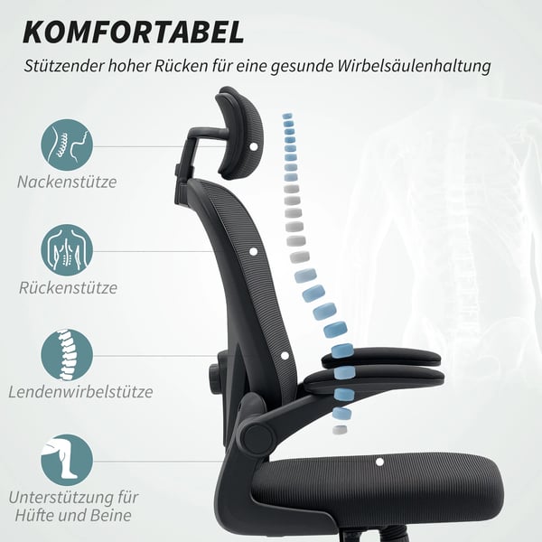 kontorstol, ergonomisk skrivebordsstol med opklappelige armlæn, justerbar lændestøtte, sort