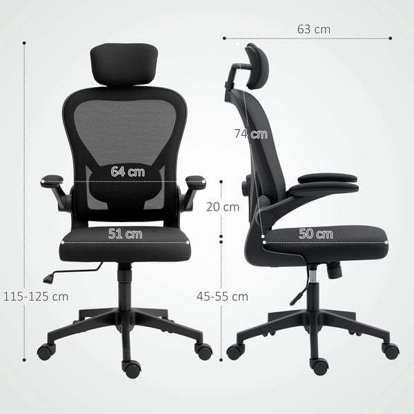 kontorstol, ergonomisk skrivebordsstol med opklappelige armlæn, justerbar lændestøtte, sort