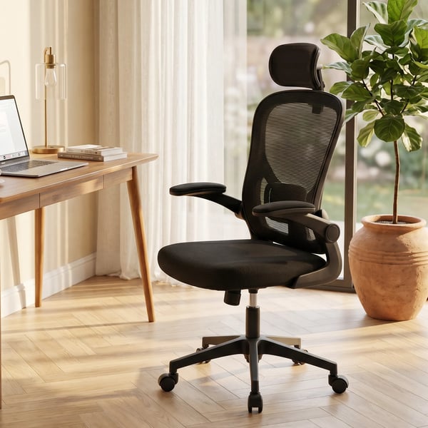 kontorstol, ergonomisk skrivebordsstol med opklappelige armlæn, justerbar lændestøtte, sort