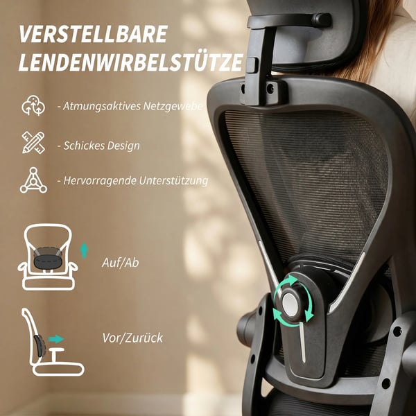 kontorstol, ergonomisk skrivebordsstol med opklappelige armlæn, justerbar lændestøtte, sort