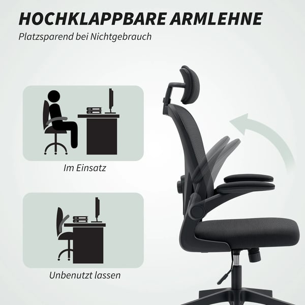 kontorstol, ergonomisk skrivebordsstol med opklappelige armlæn, justerbar lændestøtte, sort