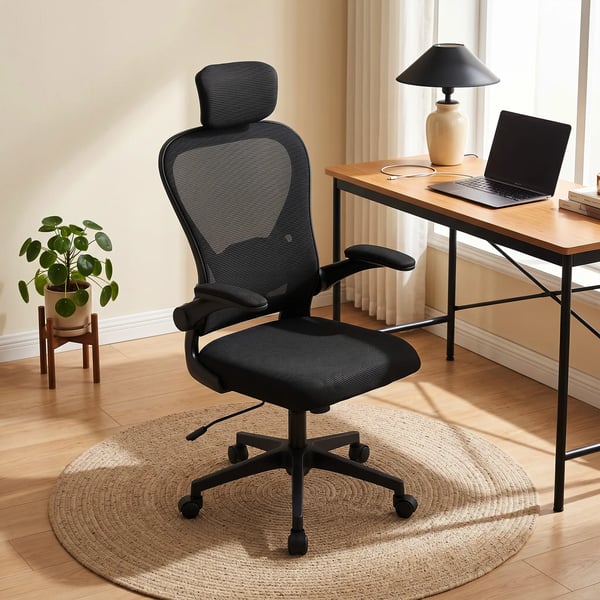 kontorstol, ergonomisk skrivebordsstol med opklappelige armlæn, justerbar lændestøtte, sort