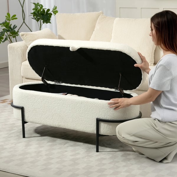 Opbevaringspuf i Cremefarvet Polyester & Stål - 114,5x40x48 cm