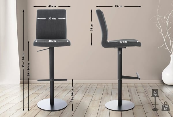 Cadiz Mörkgrå Barstol i Tyg med Metallram och Fotstöd - Bekväm, Svängbar, Justerbar Höjd (Max 240 kg)