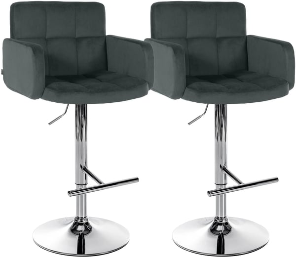 Sæt med 2 mørkegrå fløjlsbarstole med metalstel - justerbar højde, drejelig, moderne design