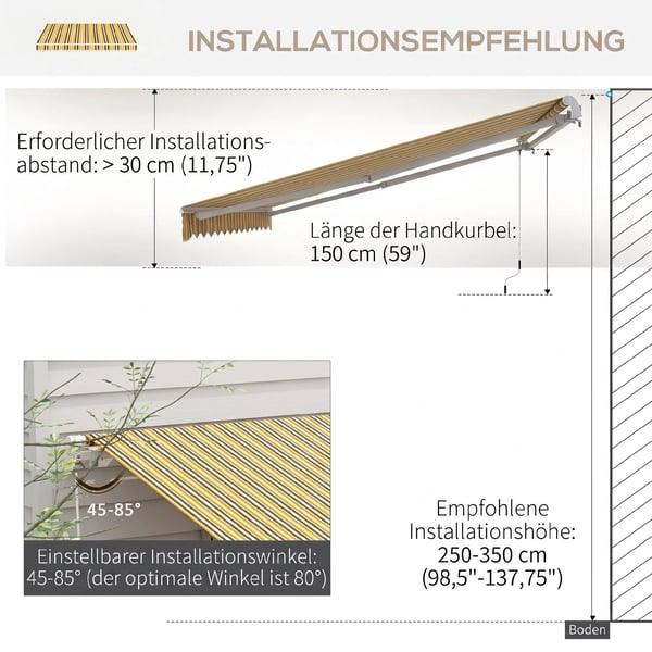 markise med leddelt arm, solafskærmning med håndsving, 3,5 x 2,5 m, gul/grå, aluminium/polyester