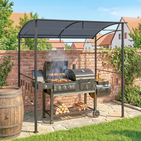 grillpaviljong, grilltak, regnskydd, UV-beständig, vattentät, med krokar, stålram, polyester, grå, 215 x 150 x 174/220 cm