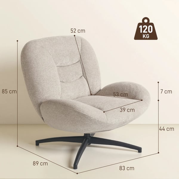Drejelig Polstret Stol - Cremefarvet Hvid, Polyester & Stål, 360° Drejefunktion