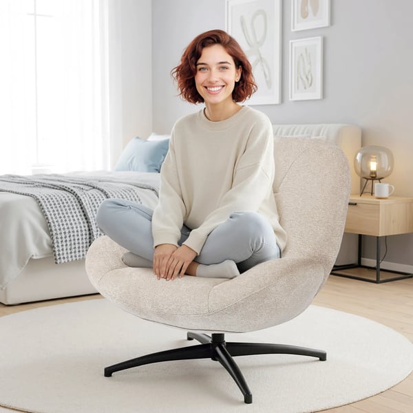 Drejelig Polstret Stol - Cremefarvet Hvid, Polyester & Stål, 360° Drejefunktion