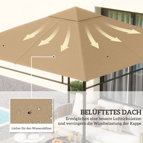 pavillontag, erstatningstag til pavillon, pavillonovertræk, solbeskyttelse polyester, beige, 2,98 x 2,95 m