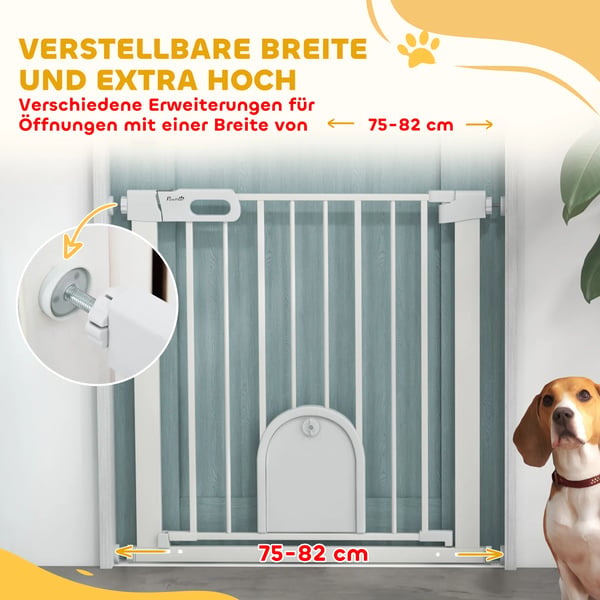 Justerbar Kæledyrsgitter med Lille Dør, Metal og ABS, Hvid, 75-82 cm Bredde