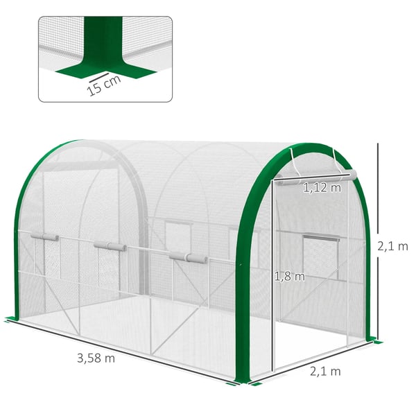 foliedrivhus 3,58 x 2,1 x 2,1 m tunneldrivhus med rulledør til have, altan, galvaniseret stål, hvid