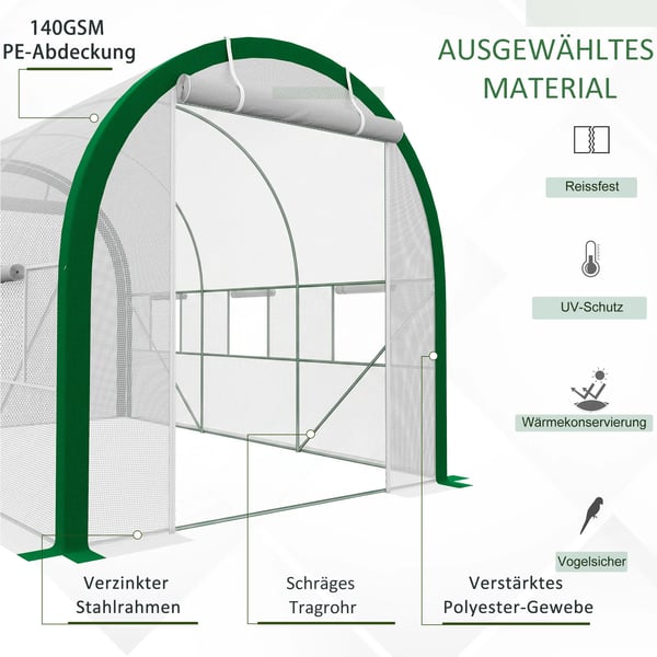 foliedrivhus 3,58 x 2,1 x 2,1 m tunneldrivhus med rulledør til have, altan, galvaniseret stål, hvid