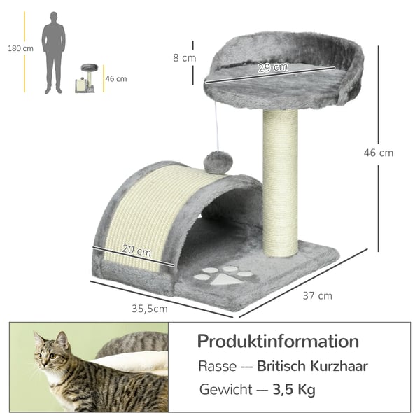 Klösträd för Katter, Grå, 46 cm Höjd - Klösbräda, Sisal, Plysch, Leksak och Plattfom