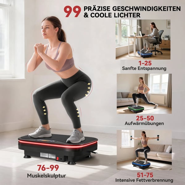Vibrationsplade med Bluetooth, Kontrolboks, Sort Stål & ABS, 99 Hastighedsniveauer, Fitnessudstyr
