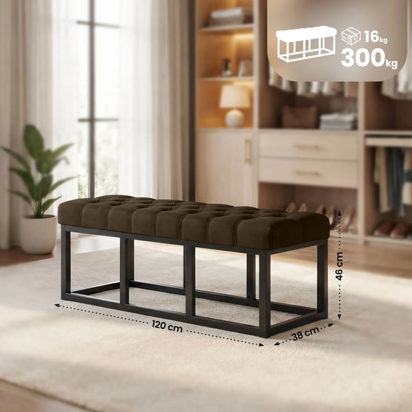 Amun Brun Faux Läderbänk med Matt Svart Metallram - B120cm