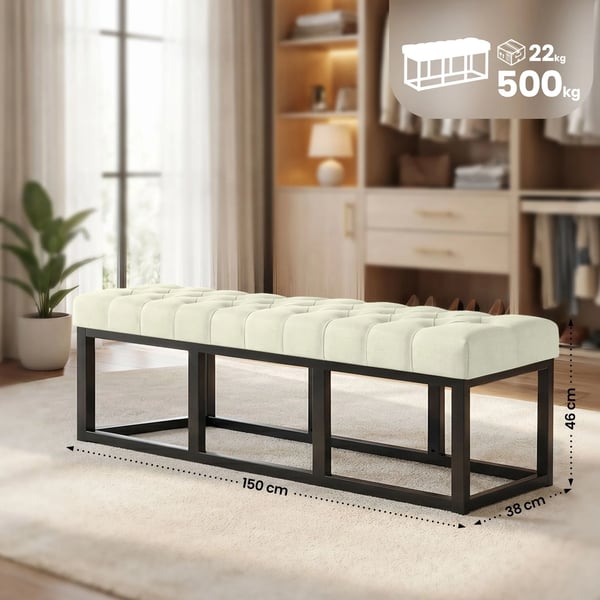Amun cremefarvet stofbænk med mat sort metalramme, 150 cm