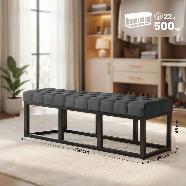 Amun Mörkgrå Tyg Bänk med Matt Svart Metallram - 150cm