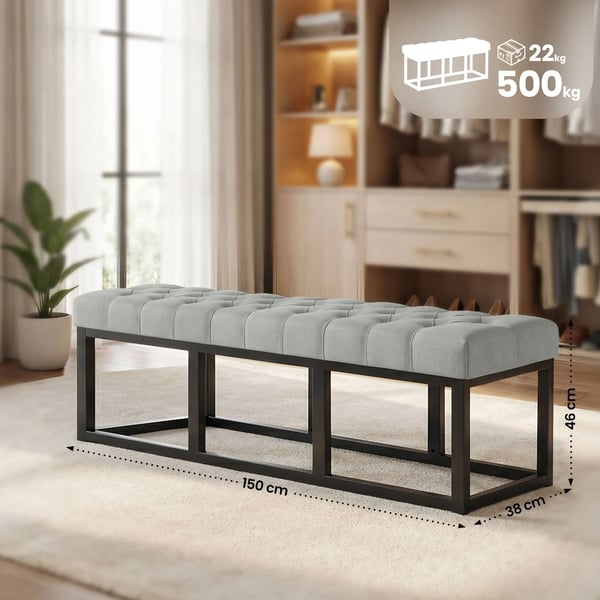 Amun Grå Tygbänk med Matt Svart Metallram - 150cm