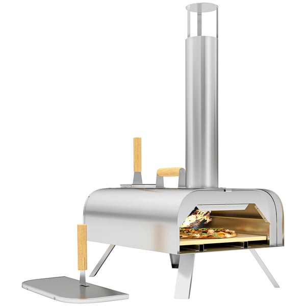 Vedeldad Pizzaugn i Rostfritt Stål, Silver - Portabel med Pizzasten och Spade